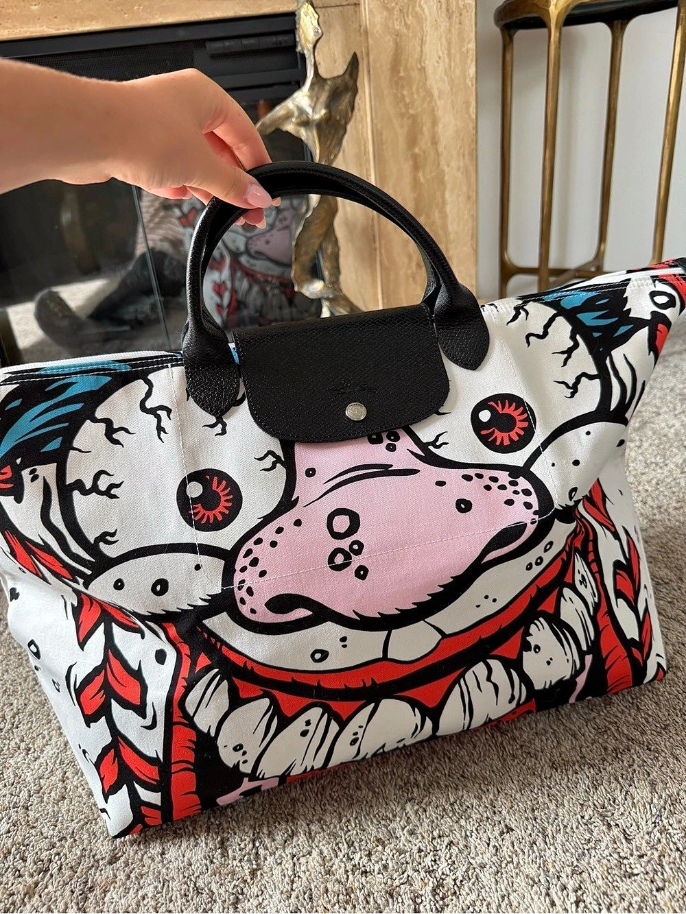 Longchamp Jeremy Scott x Longchamp Le Pliage Madballs Travel Bag White & Pink - Picture 3 of 7